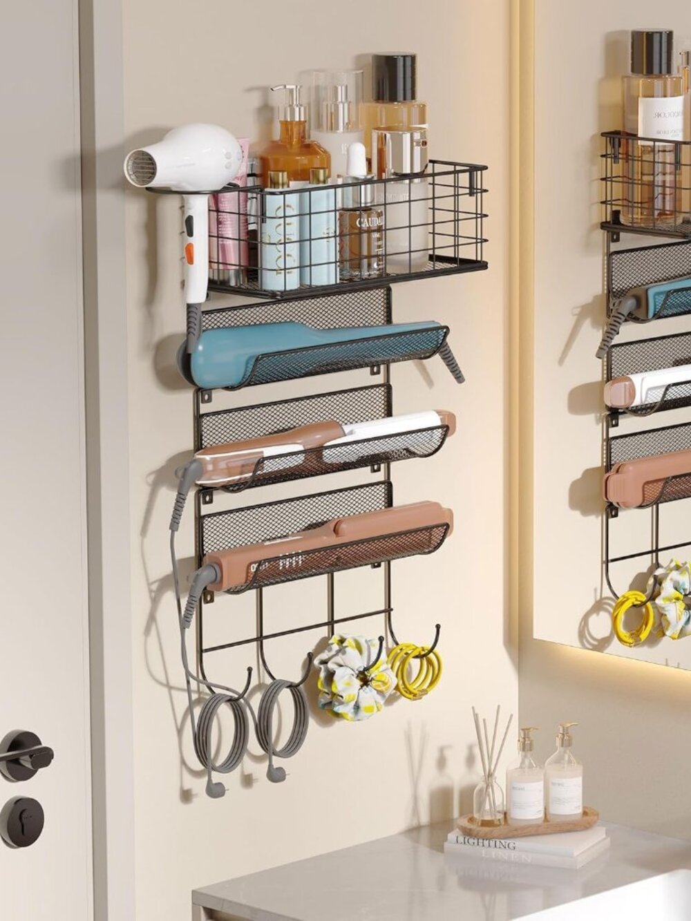 Wall-Mounted Hair Dryer Holder Styling Tool Organizer 4-Shelf Storage Wire Baske